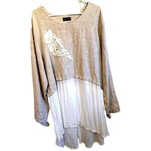 Sarah Santos Women's 2XL Beige Linen Lagenlook Oversized Tunic Top Lace Applique